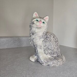 Vintage Ceramic Cat Figurine Gray White‎ Aqua Pink Cat Lover Decor Cute Kitten